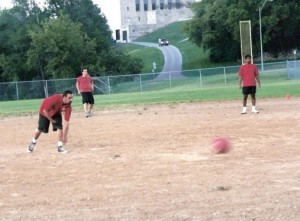 People playing kickball in the Kansas City, MO WAKA league. Photographed by Troy Diggs (Wiki user AMNewsboy) in August, 2006.